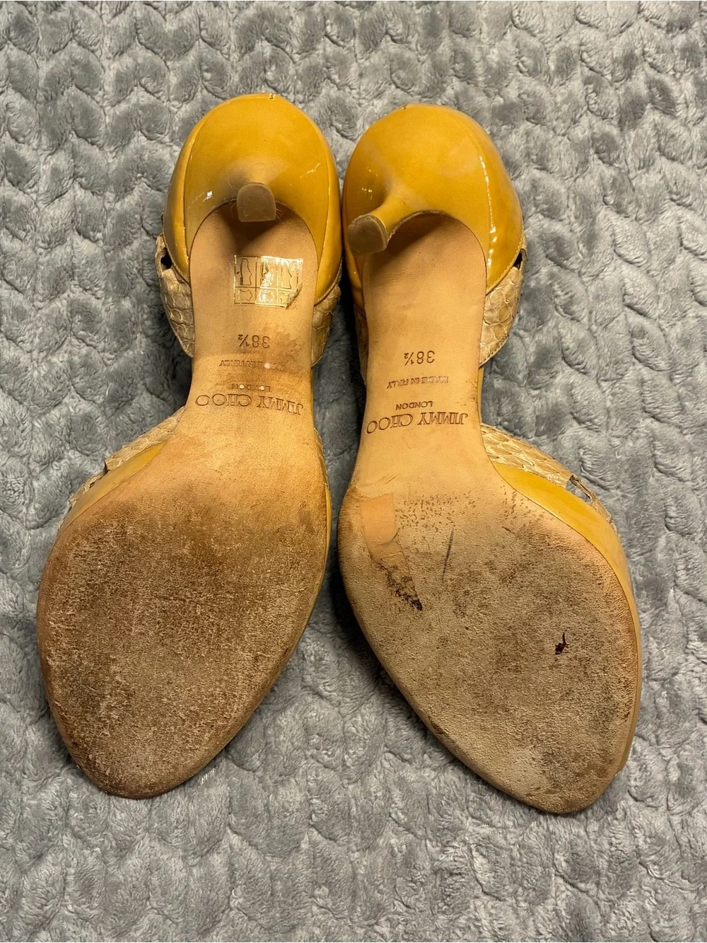 Jimmy Choo Mustard Yellow & Tan Cutout Peep-Toe Leather Heels